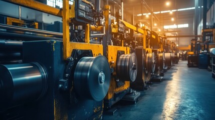 Fototapeta premium Industrial manufacturing machinery operating with large spools of metal wire in a bustling factory production line