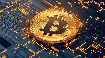 Fototapeta premium Golden Bitcoin Cryptocurrency Coin on Digital Circuit Board with Glowing Data Lines Representing Future Finance