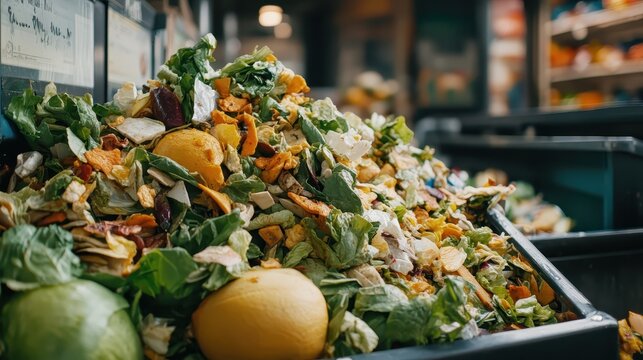 Excess Food Waste Piled High in Grocery Store Trash Compactor Showing Rotting Produce and Vegetables