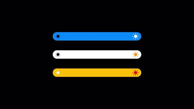 Screen brightness adjustment bar animation on transparent background, Display brightness control slider bar with alpha channel, Simple brightness indicator animation, Increasing brightness bar