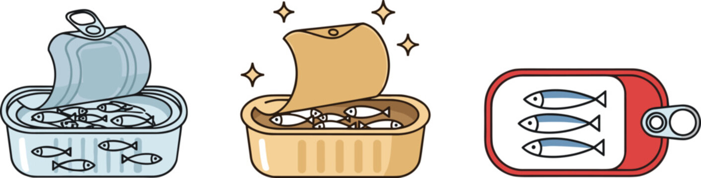 Set of Canned Fish with Opened Lids and Various Designs for Food, Packaging, and Seafood Illustrations