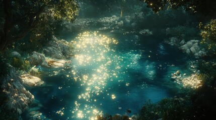 Obraz premium Sparkling Sunlight Dancing on a Serene Forest Lake Amidst Lush Green Trees