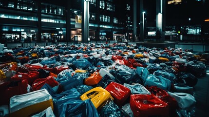 Fototapeta premium Massive Piles of Shopping Bags Litter a City Square at Night, Displaying Overconsumption and Waste