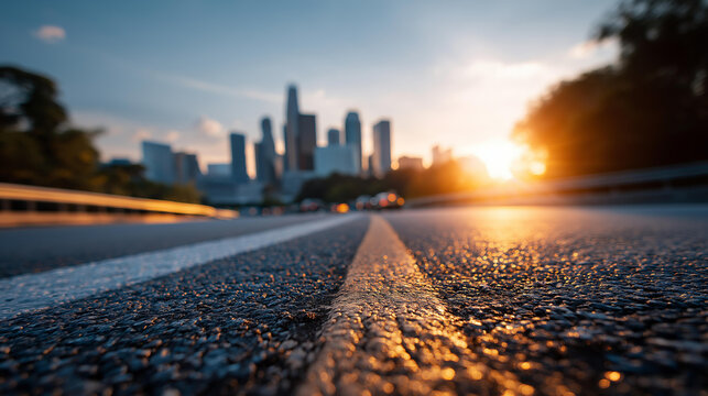 Open road seen from a low angle with clear sky and a distant city skyline on the horizon creating an expansive urban perspective