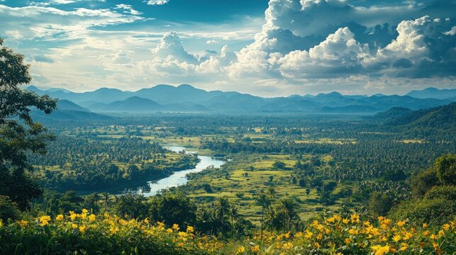 Cambodia landscape Mekong lowlands and ancient temples beautiful nature view