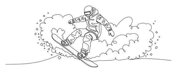 Obraz premium Dynamic snowboarder in a continuous line drawing, kicking up powder snow, perfect for winter sports promotion