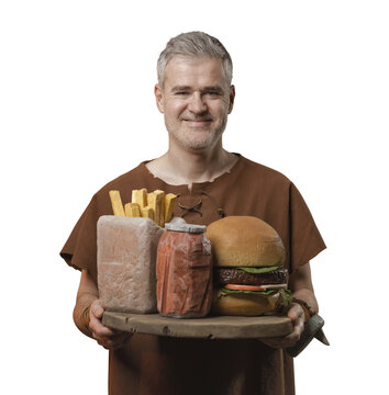 Funny Prehistoric Fast Food Meal with Caveman Holding Stone Burg