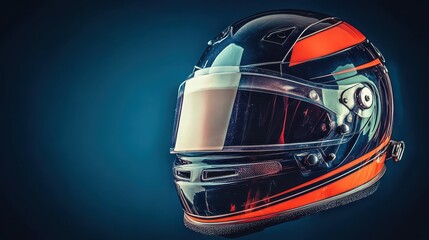 Fototapeta premium Sleek orange and black racing helmet with clear visor for ultimate protection and style.