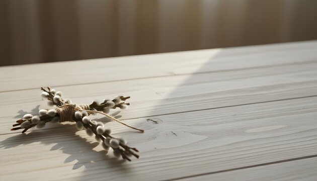 Handcrafted palm sunday branch cross made of pussy willow on a light wooden table representing an easter faith concept with soft morning sunlight for religious celebration
