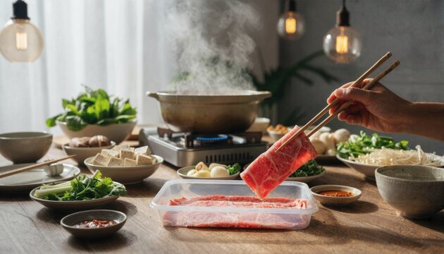 Friends enjoying hot pot with premium beef slices