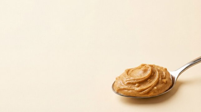 Creamy peanut butter on a silver spoon against a light beige background