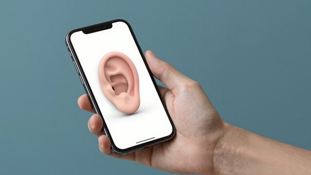 Hand holding smartphone displaying an ear icon on its screen against a blue background.