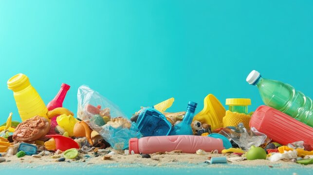 Vibrant plastic pollution scattered across a sandy beach with clear blue water and sky