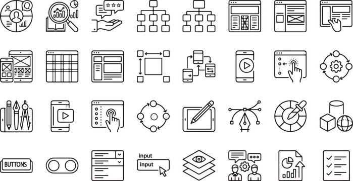 UI UX Design and Web Development Icon Set with Wireframe, Prototyping, Interface Elements, Dashboard, App Design and User Experience Outline Vector Collection