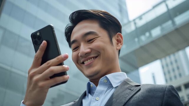 明るい街で日本人のビジネス男性がスマホを操作して微笑む