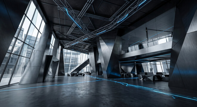 Asymmetric Deconstructivist Corporate Lobby Interior with LED Lines