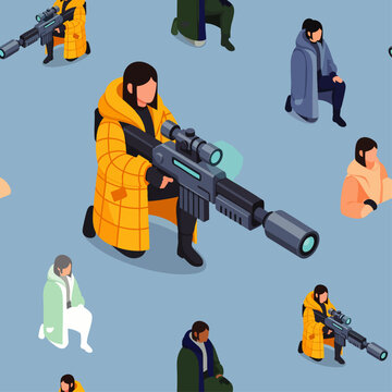 Futuristic soldiers in isometric view, wearing winter coats and holding sniper rifles, seamless pattern on blue background