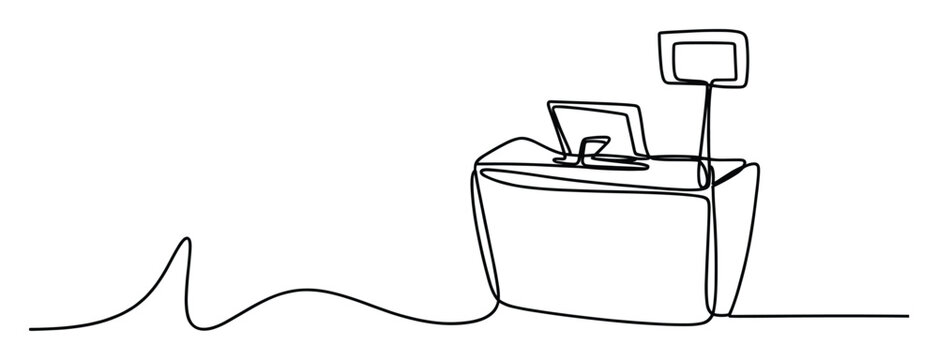 Continuous line drawing of a cashier counter setup with computer and display for various business and retail concepts