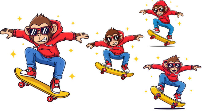 Cool monkey character on skateboard vector set, cartoon ape wearing red hoodie and sunglasses, urban street style primate mascot collection