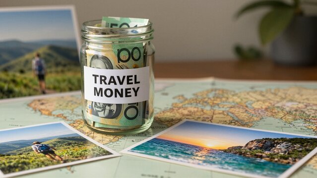 A glass jar labeled 'TRAVEL MONEY' filled with Australian banknotes, surrounded by a world map and travel photos of scenic landscapes. Soft focus background.