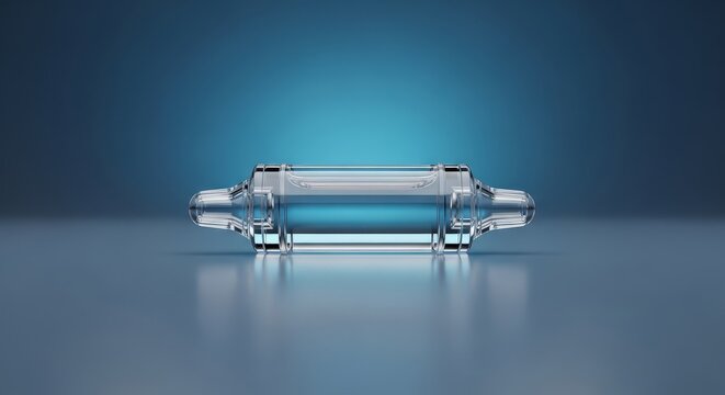 Medication cartridge 3D render, pharmaceutical drug delivery reservoir visualization, sterile injectable cartridge system, transparent medical dosage capsule design, modular drug storage device