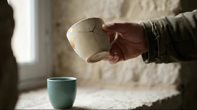 Hand Picks Up Cracked Ceramic Cup Near Small Teal Mug