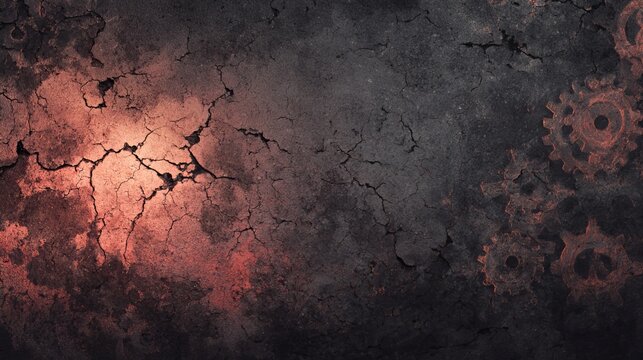 Grunge industrial wall texture with cracks, fire glow, and machinery shadow dark background