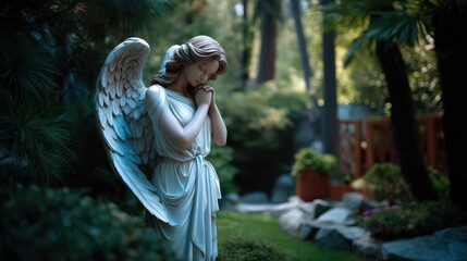 Fototapeta premium A serene angel statue in a garden setting, surrounded by lush greenery and soft sunlight, evoking peace and contemplation.