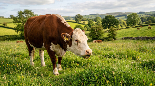 a cow eating grass in a large yard