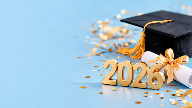 Class of 2026 background featuring academic hat, diploma with gold ribbon and confetti.
