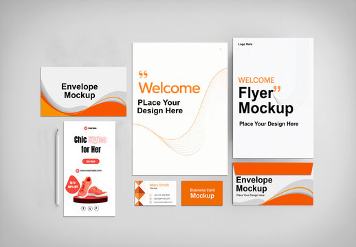 Corporate Stationery Branding Mockup Set with Flyers Envelopes and Business Cards on Gray Background