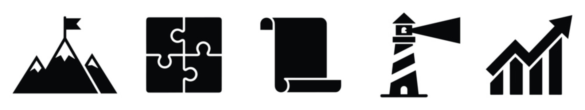 Business strategy icons for goal achievement, problemsolving, planning, guidance, and growth applications.