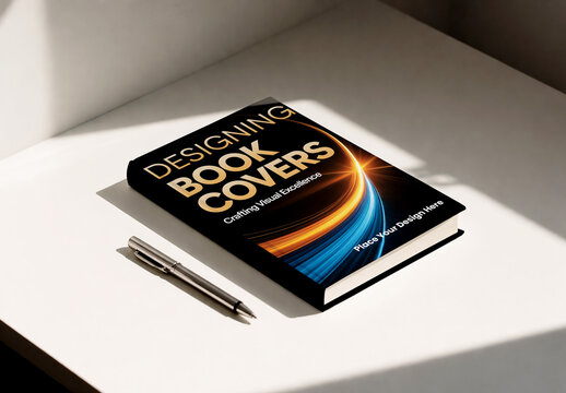 Hardcover Book Mockup on White Surface with Pen and Dramatic Sunlight Shadows