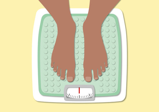 Person standing on weighing scales, illustration