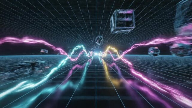 Abstract digital landscape with neon waves, geometric shapes on a grid, and glowing lines