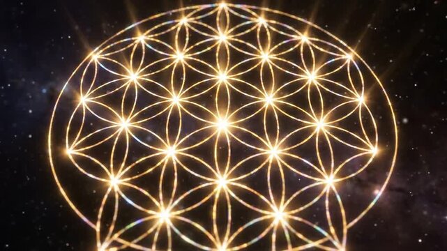 Glowing golden sacred geometry patterns evolve in space 4k video