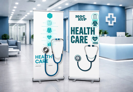 Healthcare Rollup Banner Mockup in Modern Clinic Interior