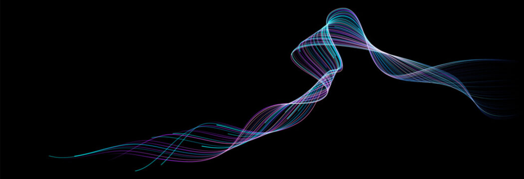 Vector abstract flowing lines with neon blue and purple gradient on black background for banner in concept artificial intelligence neural network technology and science.