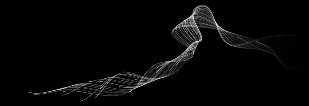 Vector abstract flowing white lines on black background for artificial intelligence neural network technology and minimalist science concept