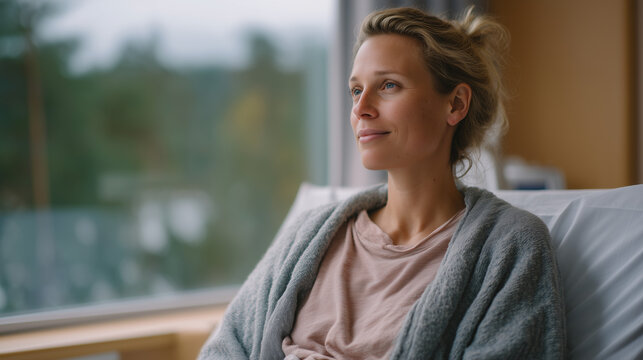 Mother with postpartum depression sitting quietly on a hospital bed looking out a window at spring trees, soft overcast light, maternal mental health, postpartum awareness, new mother struggle, emot