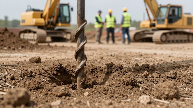 Close-up of a drill bit extracting soil samples on a construction site with workers and excavators in the background.
