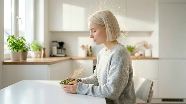 Blonde woman looking at fresh salad with glowing magical golden dust