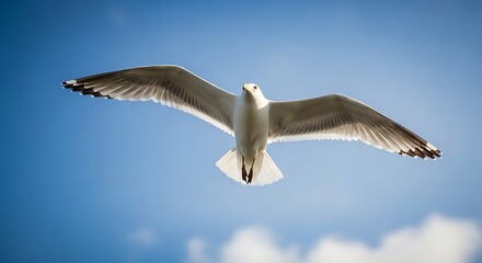 Obraz premium Seagull in flight against a clear blue sky wings extended