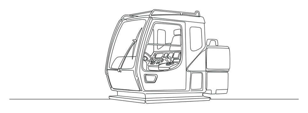 Single line drawing of a heavy machinery cabin showcasing operator controls and modern industrial equipment interfaces for technical documentation.