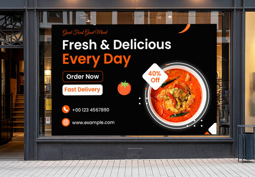 Large Restaurant Window Signage Mockup with Fresh and Delicious Food Advertisement Design
