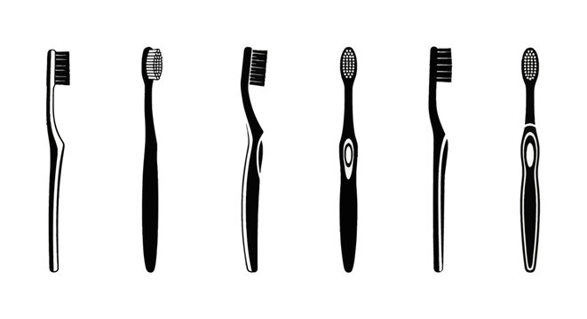 Set of six black and white toothbrush vector silhouettes showing various angles and perspectives for dental hygiene, oral health care, and bathroom accessory icon design.