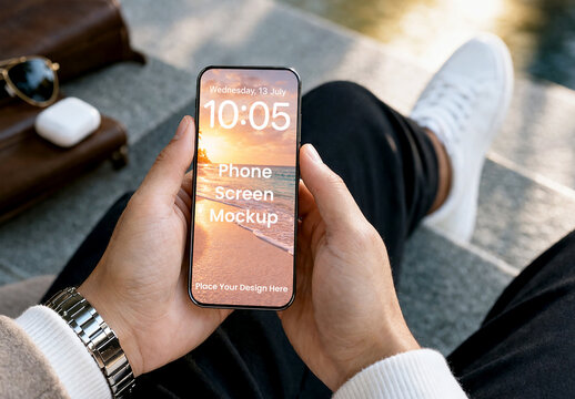 Man Holding Smartphone with Blank Screen Mockup in Outdoor Setting with Sunset Wallpaper