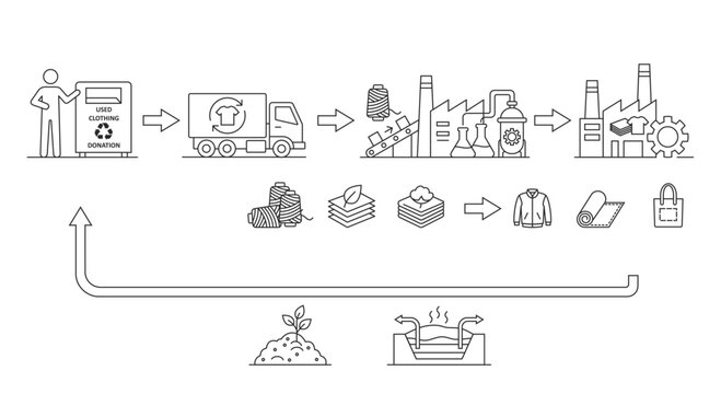 Sustainable textile industry infographic in black contour style showing clothing recycling and circular fashion process without text