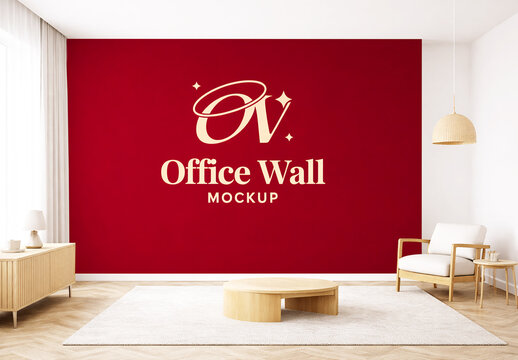 Modern Office Interior Wall Mockup with Red Accent Wall Minimalist Furniture and Natural Light