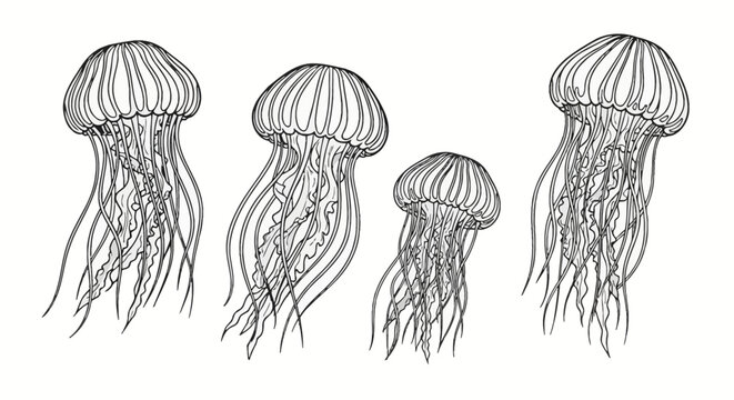 Black and white line art illustration featuring four detailed jellyfish with elongated tentacles and textured bells, set against a plain white background for nautical design elements.